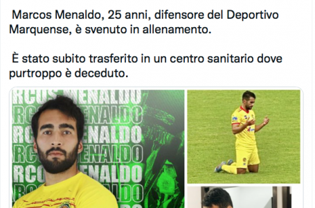 Ennesima morte improvvisa nel calcio. Lunedì 3 gennaio collassa in allenamento il fuoriclasse 25enne Marcos Menaldo